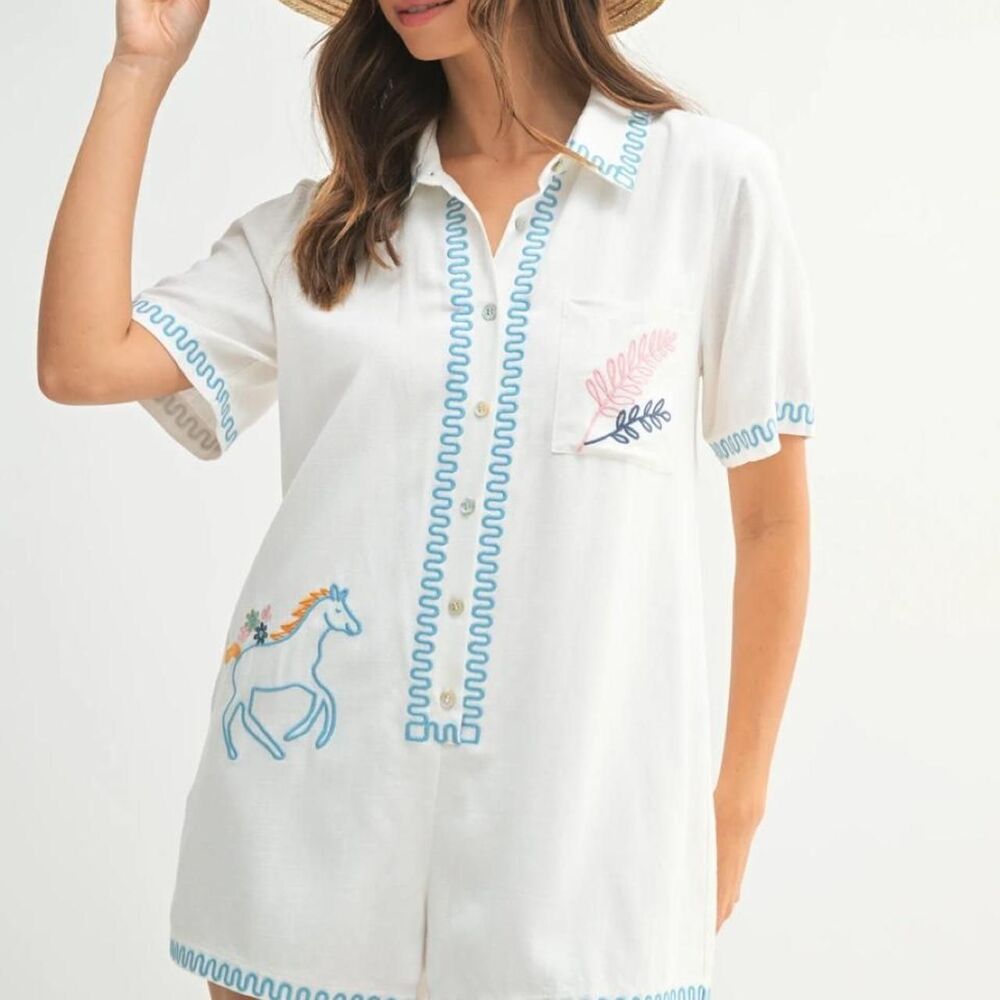 Mable White Theon Boho Embroidered Button Linen Blend Romper Size Medium